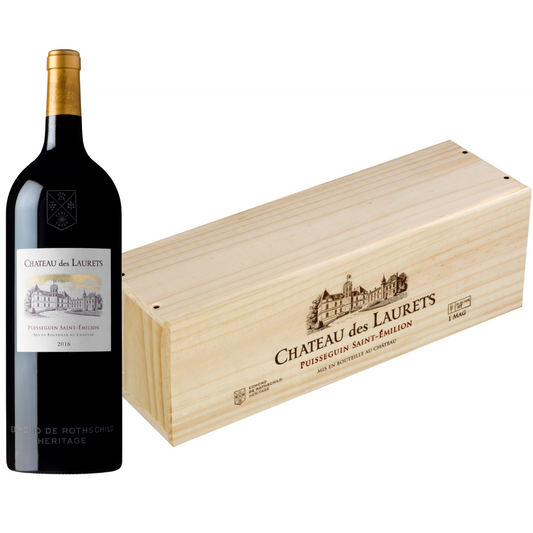 Bottle of Chateau des Laurets wine with a wooden box on a white background
