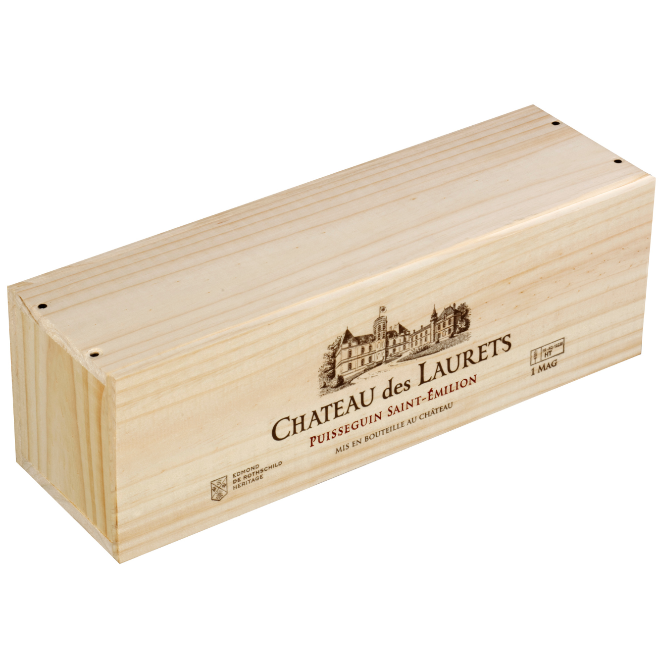 Wooden wine box with 'Chateau des Laurets' branding on a white background